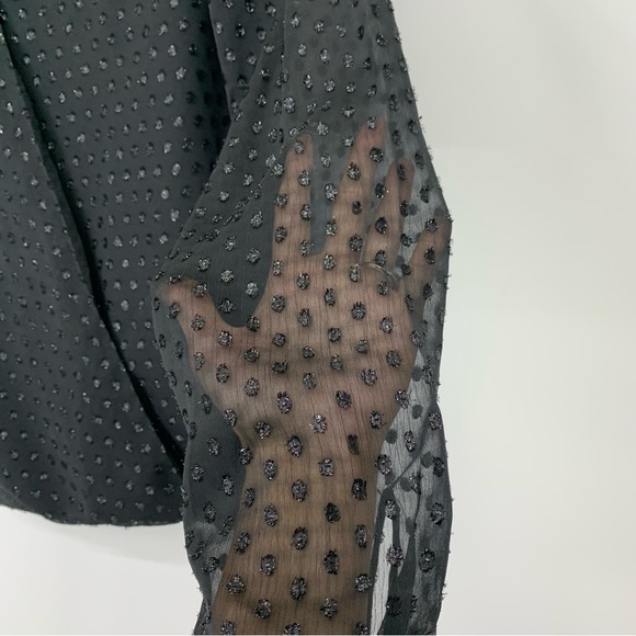 Talbots Solid Black Textured Swiss Dot Sheer Long Sleeve Surplice Blouse Size 8 - Picture 7 of 16
